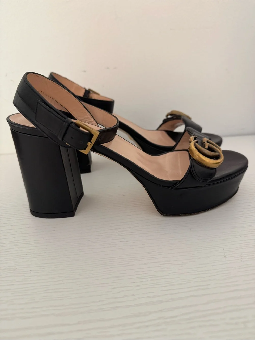 Gucci GG Marmont Lifford Black Platform Block Sandals Leather EU 36 US 6 Heels